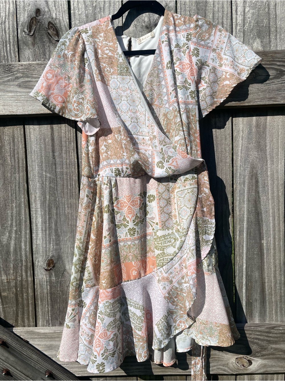 Altar'd State Pastel Patchwork Wrap Midi Dress - Pink, Green & Cream Sz M